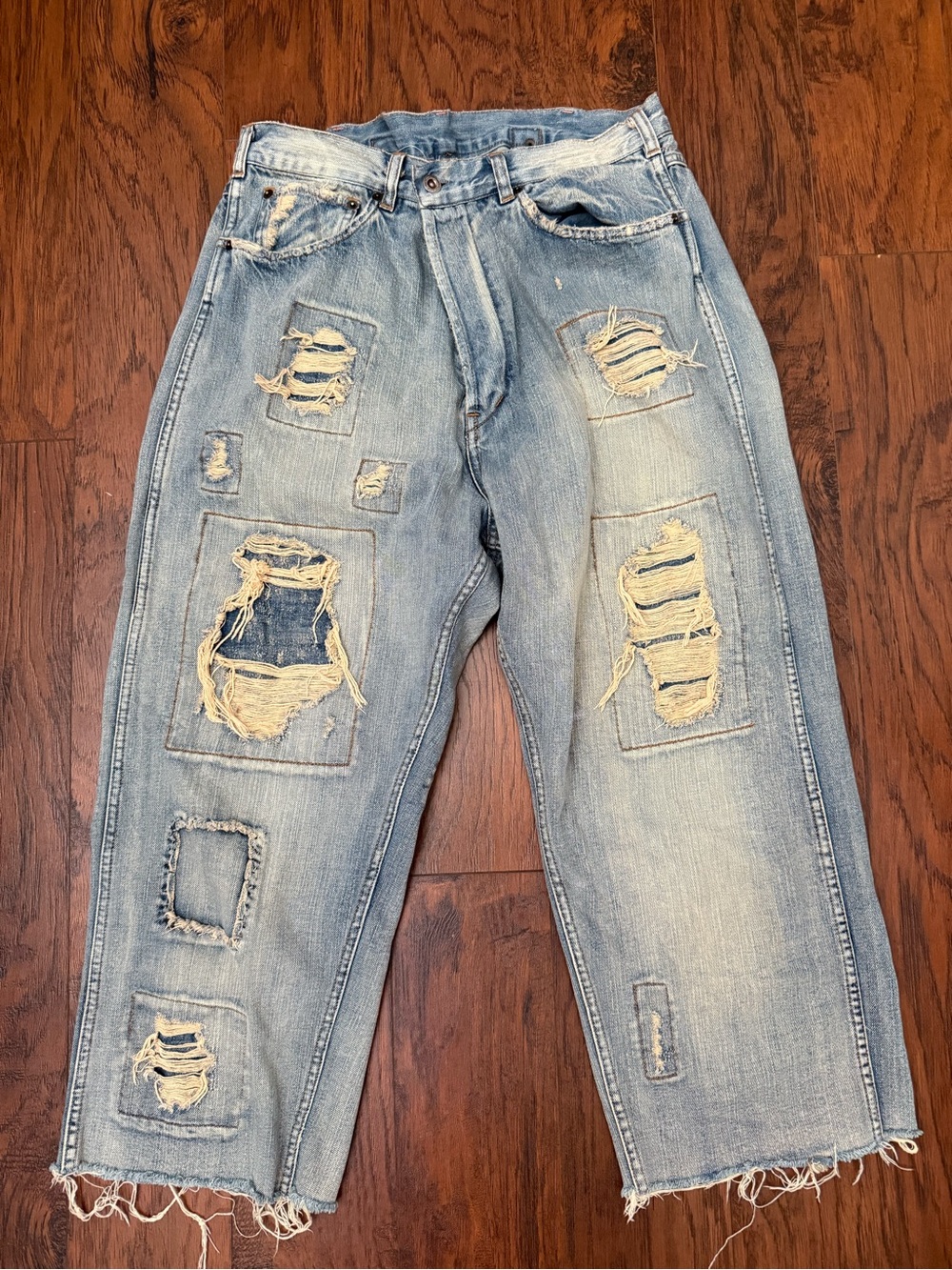 Magnolia Pearl Light Blue Distressed Patchwork Jeans